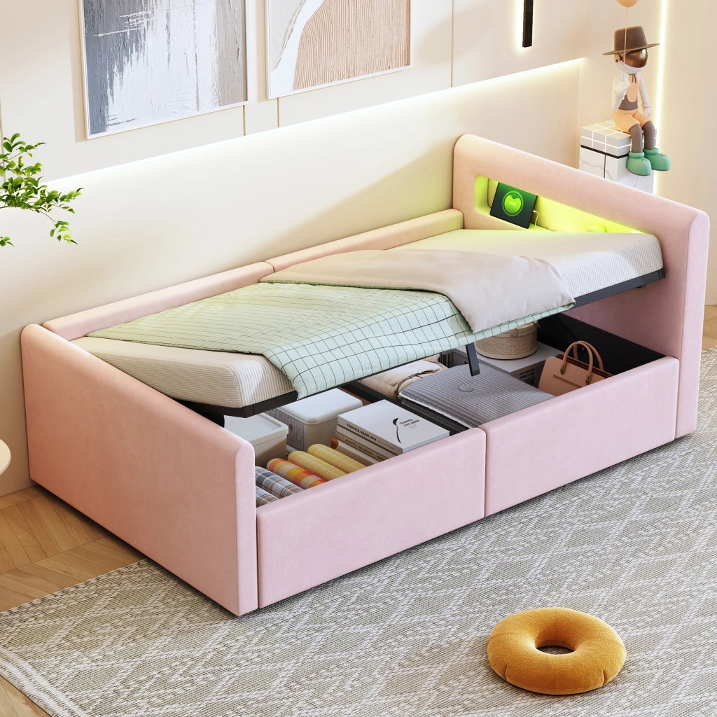 LETTO imbottito bambini 90x200 cm in velluto rosa con LED, USB e contenitore