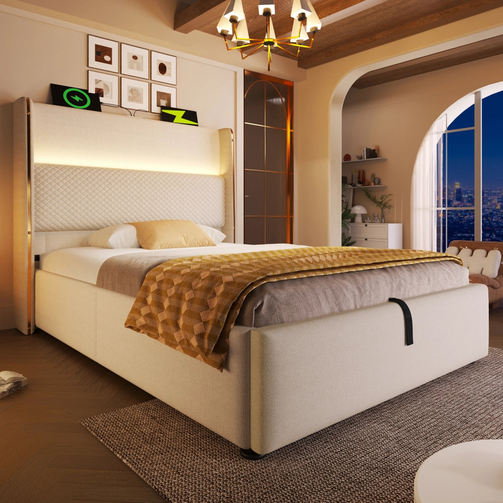 letto idraulico lino beige 90 x 200 cm