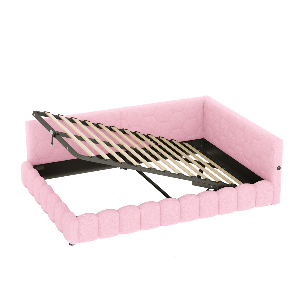 Daybed 140x200 cm con rete a doghe, contenitore idraulico, LED, USB e Type-C, rosa