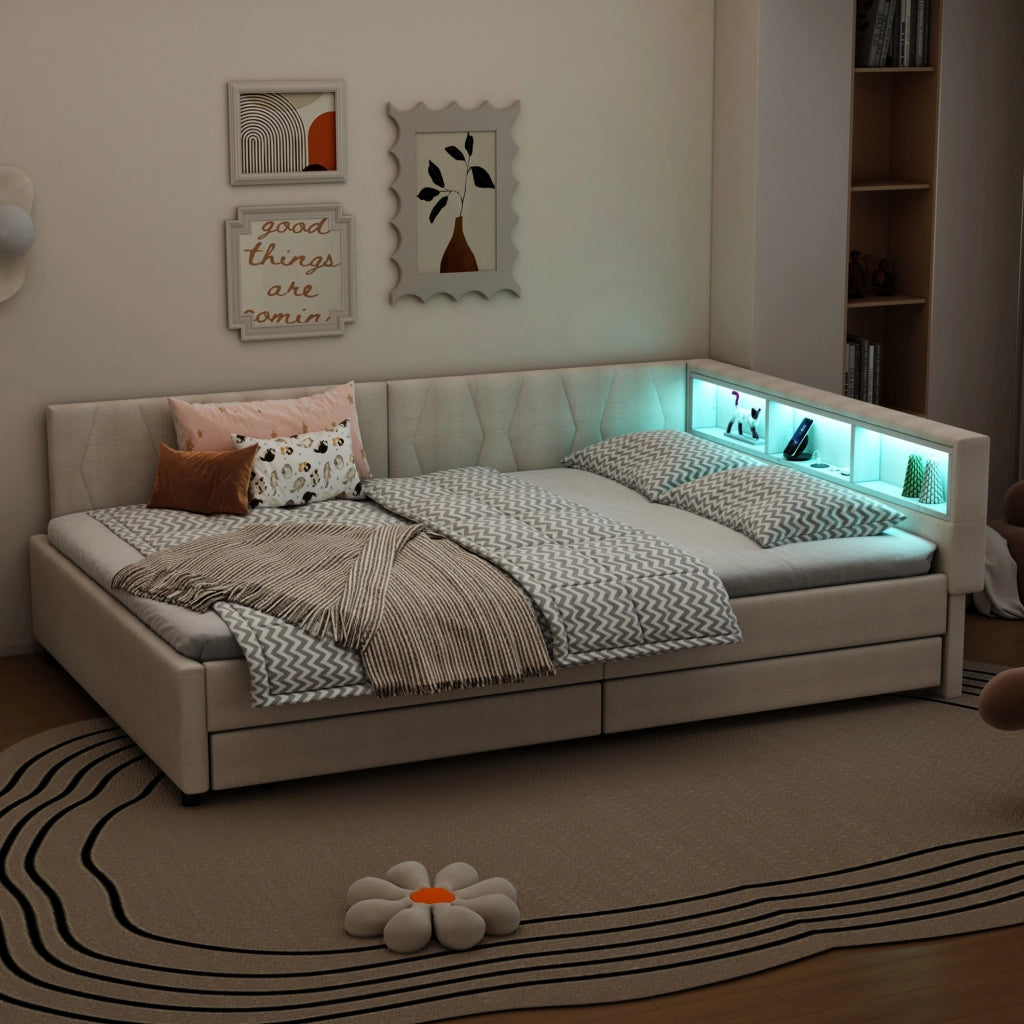Divano letto 140x200 cm con LED, USB e 2 cassetti, beige