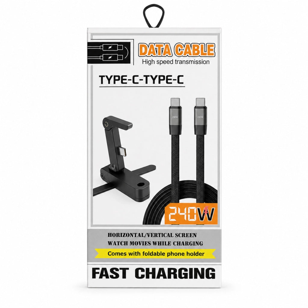 CAVO TYPE-C A TYPE-C 240W FAST CHARGING SUPPORTO SMARTPHONE PIEGHEVOLE NERO DATI