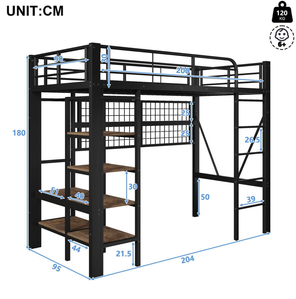 Letto a soppalco 90x200 cm in metallo e MDF con LED; ripiano e griglia; nero