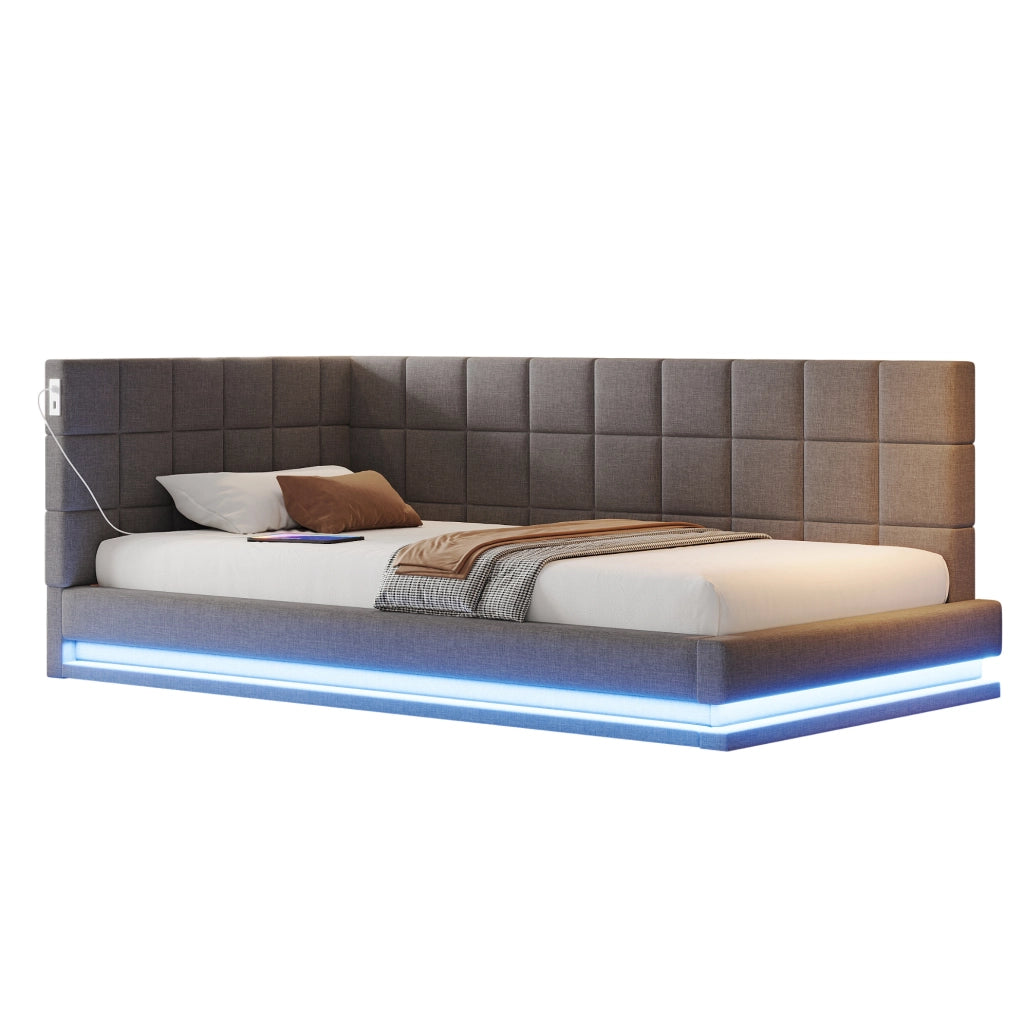 Divano letto imbottito 90x200 con LED, USB e rete a doghe