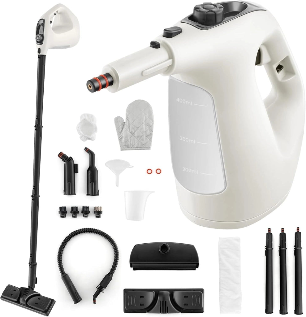 1500W Pulitore a Vapore Portatile, Macchina a Vapore con Serbatoio d'Acqua da 400 ml Blocco per Bambini e Kit di Accessori da 14 Pezzi, 33x13x24,5 cm (Grigio)