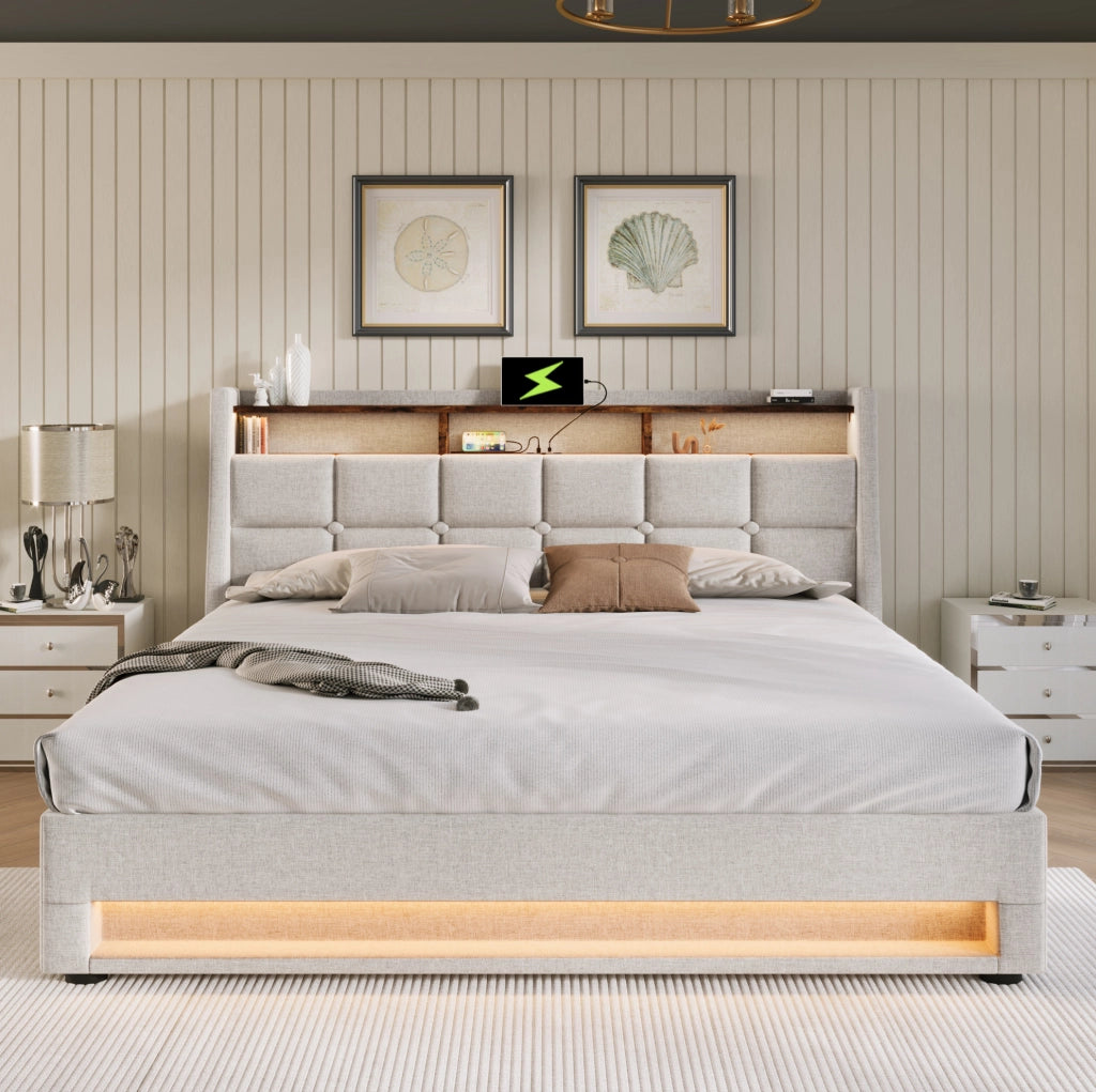 Letto imbottito con LED e USB 160x200 cm, contenitore salvaspazio