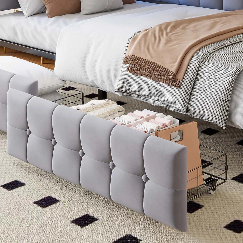 LETTO Contenitore 90x200 cm Grigio in tessuto con 2 cassetti, LED e USB-C