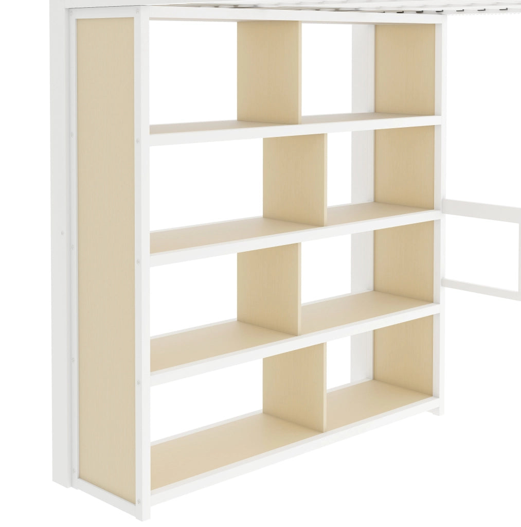 Hochbett 140x200 cm con scrivania; ripiani e LED; in metallo e MDF; bianco