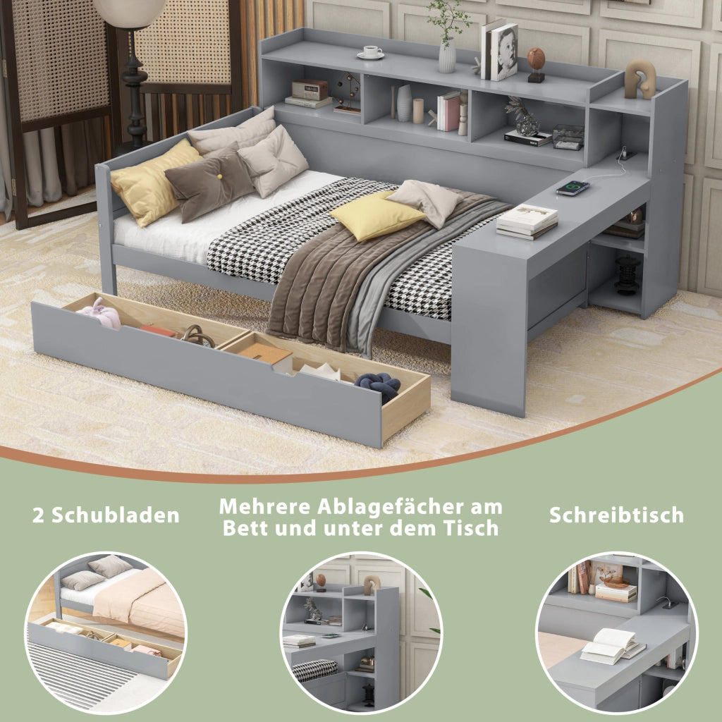 LETTO 90x200 cm con scrivania 2 cassetti USB e presa Grigio