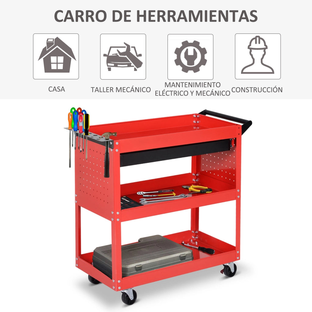 Carrello per attrezzi con 3 vassoi e cassetto ¨C Minimal ¨C Ruote con freni, pannello laterale perforato, rosso
