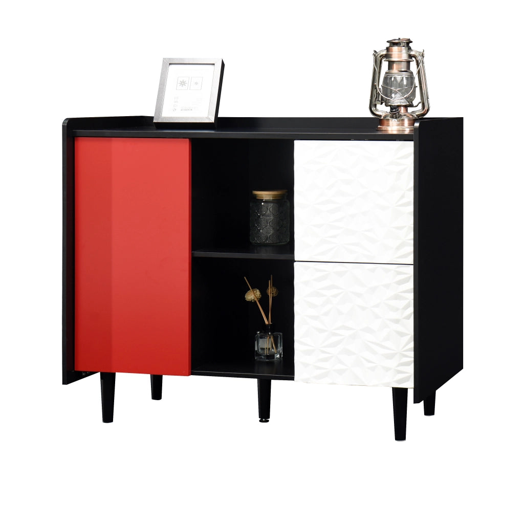 Buffet con ante rosse - Zephmum- 2 cassetti e 2 ripiani aperti