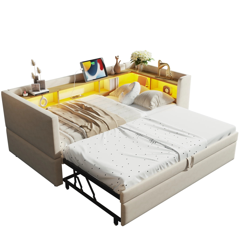 Divano letto imbottito multifunzione con vani contenitore, LED e prese integrate