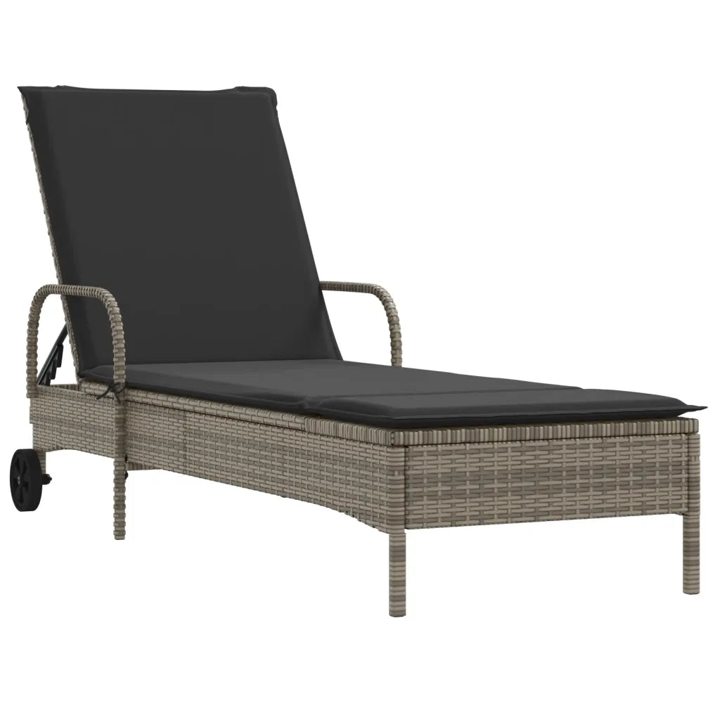 Lettino Prendisole con Ruote e Cuscino in Polyrattan Grigio 368310
