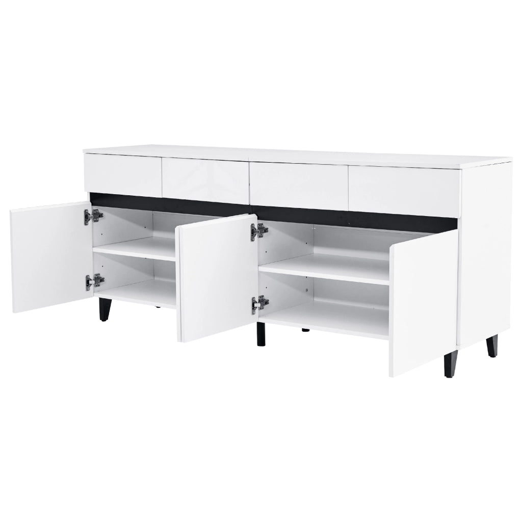 Sideboard bianco lucido con 4 cassetti, 2 ante e ripiani regolabili, 160 x 40 x 68 cm