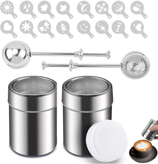 Caffè macchiato con cacao, set di 4 pezzi, strozzatore in acciaio inossidabile, set di zucchero in polvere e filtro multifunzionale per tè, filtro per tè, set di 4 pezzi per tè in foglie con manico telescopico, colore rosso, caffè