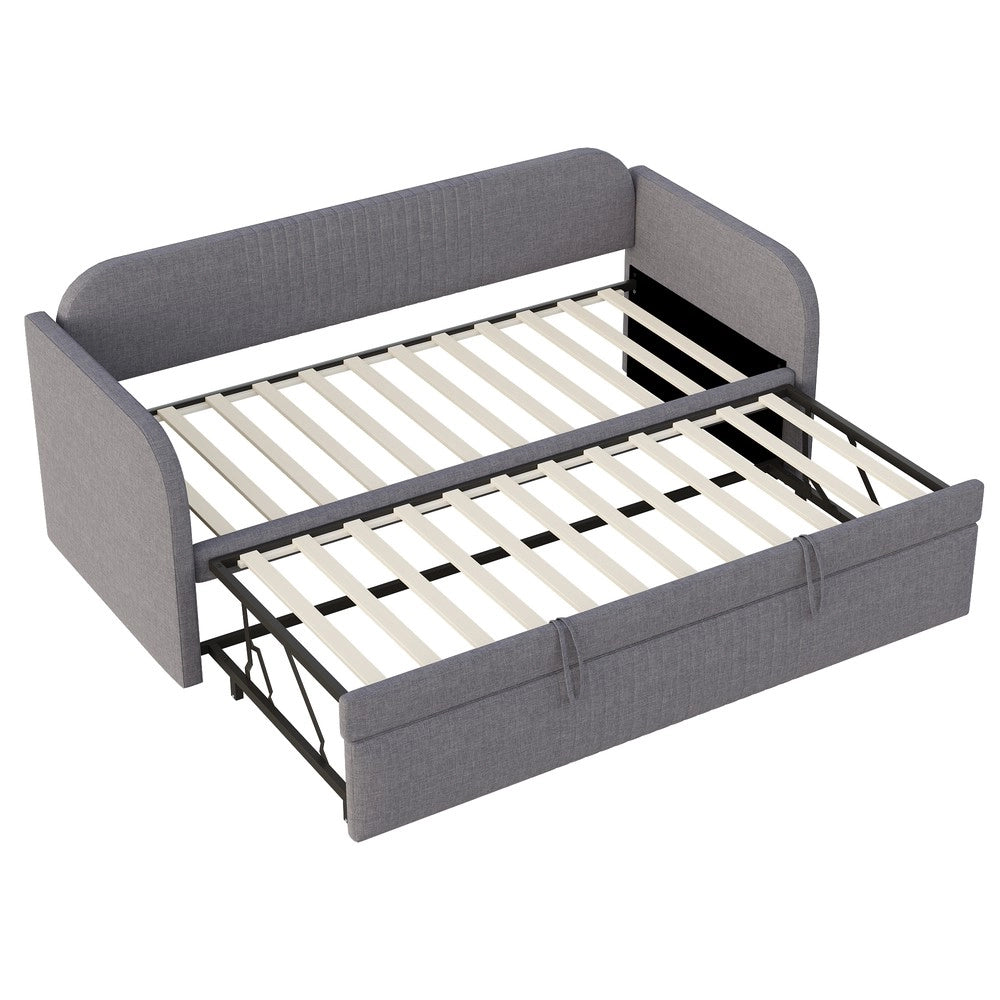 Letto Imbottito Estraibile ¨C MINIMAL ¨C Grigio, Tessuto Lino, Rete a Doghe, 90x190/180x190