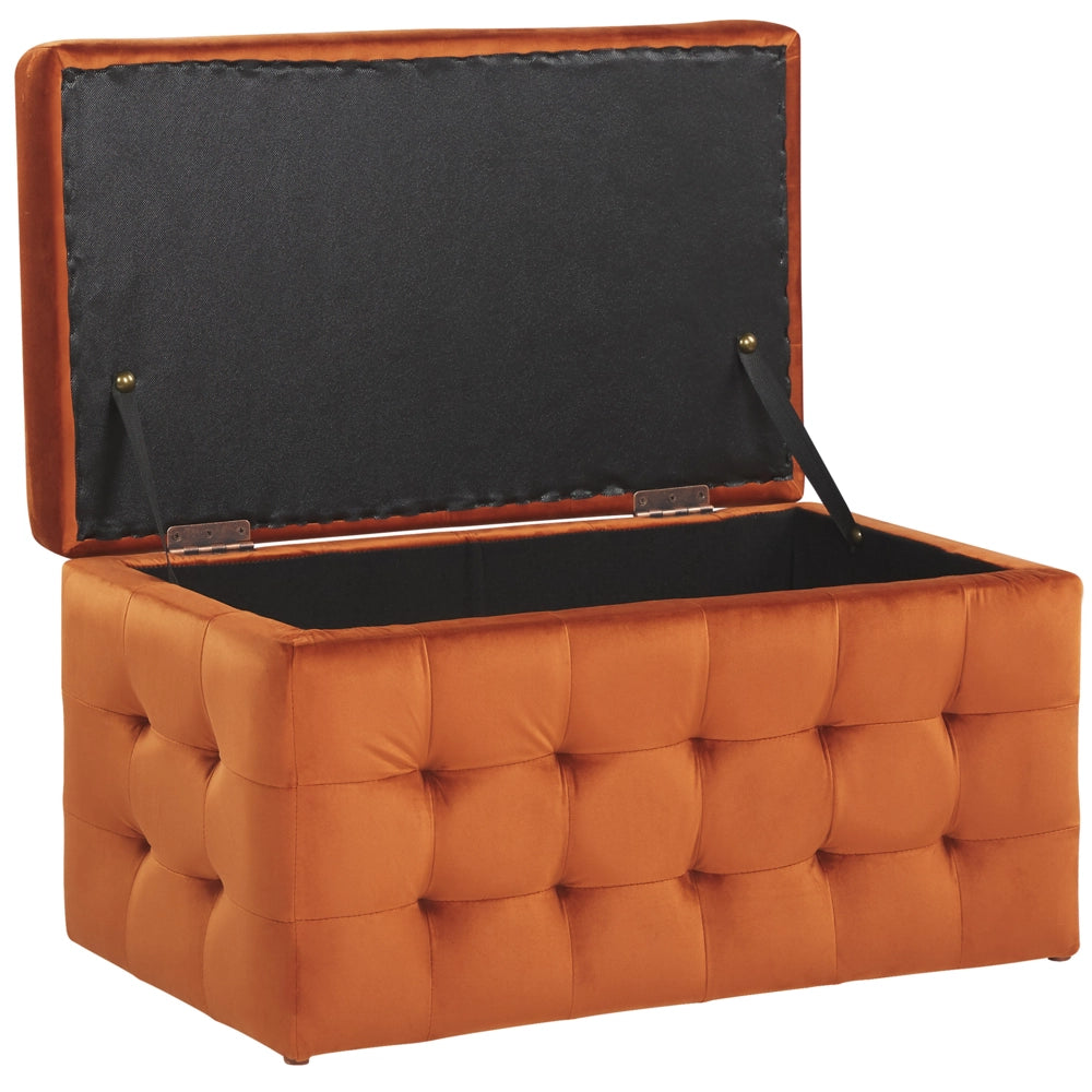 Pouf Cassapanca Imbottito in Velluto Arancione Stile Chesterfield