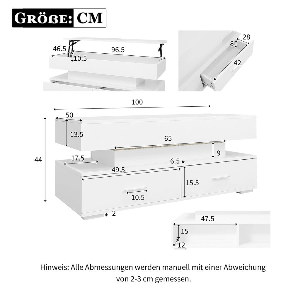 Tavolino da Caff¨¨ Regolabile in Altezza con LED e Cassetti ¨C MINIMAL ¨C Bianco
