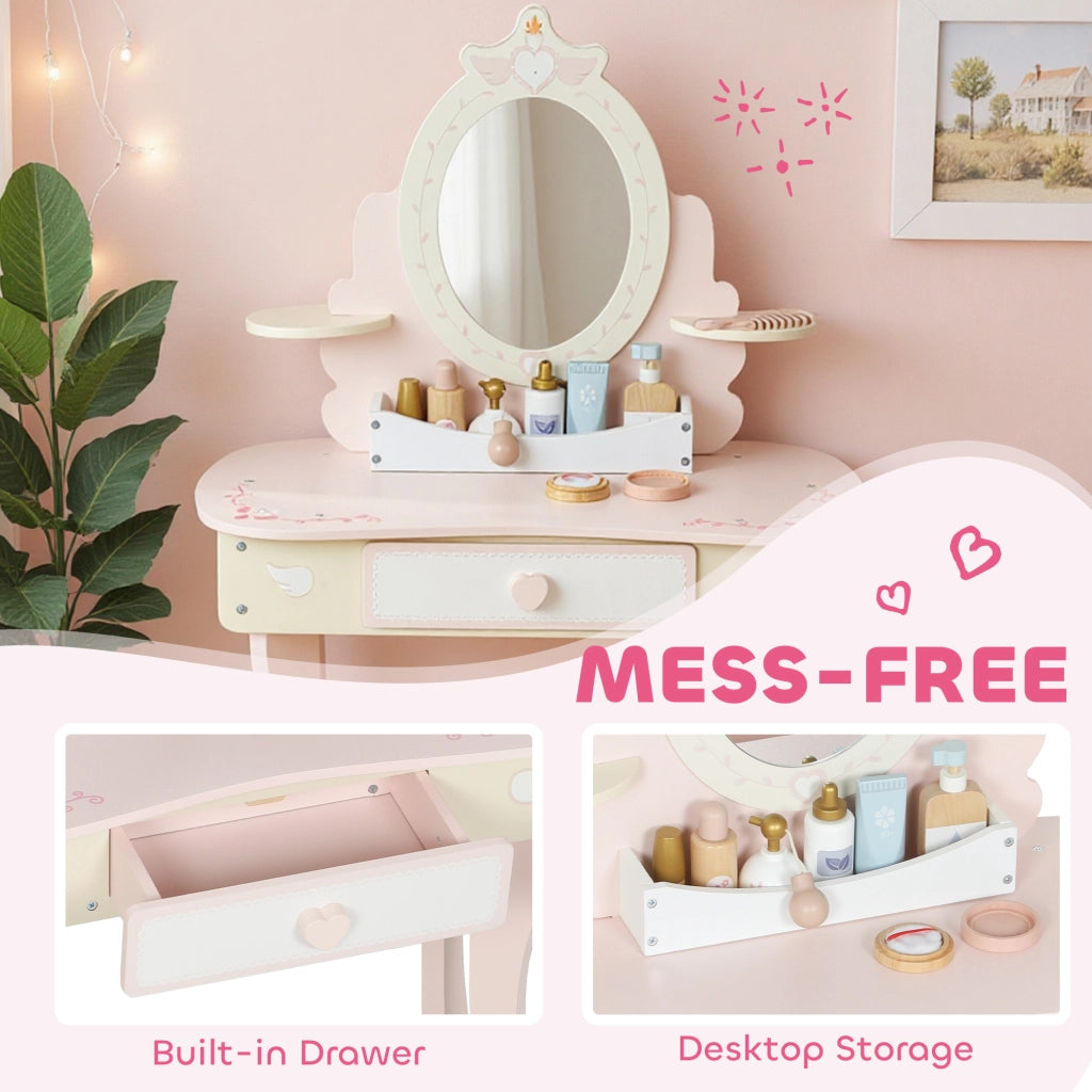 Set Toeletta per Bambine con Specchio e Sgabello con 7 Accessori in Legno Rosa