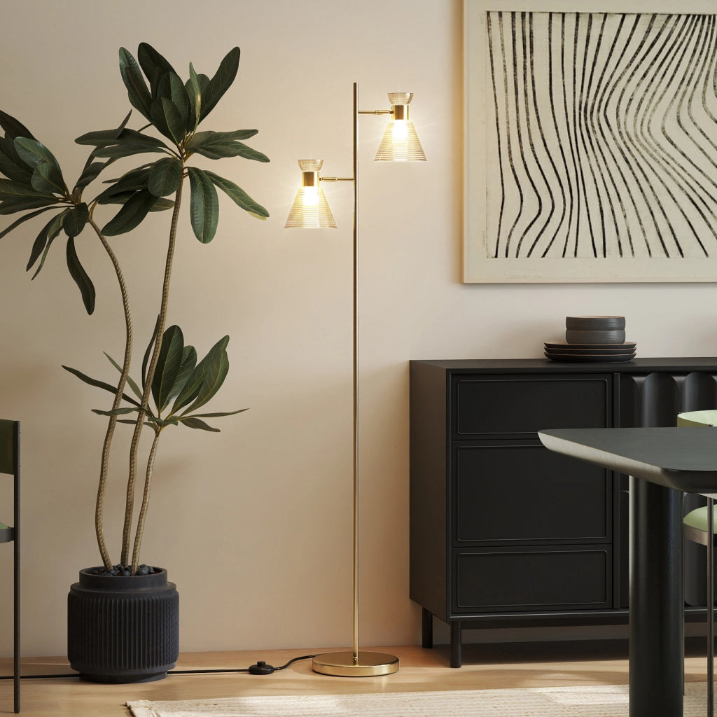 Lampada da Terra Moderna 2 Luci ¨C Xylo ¨C Oro, Teste Regolabili, Interruttore a Pedale