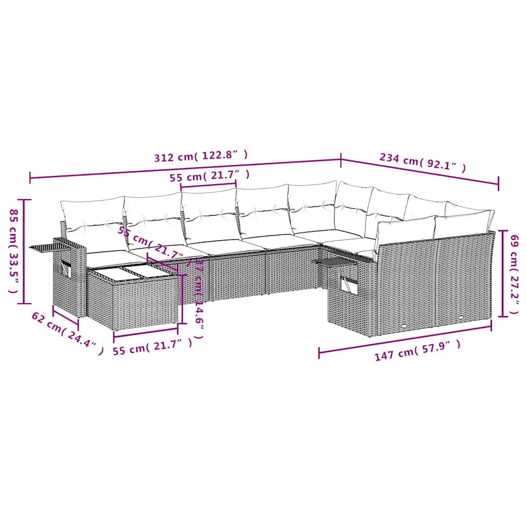 Set Divano da Giardino 10 pz con Cuscini Beige in Polyrattan 3252996