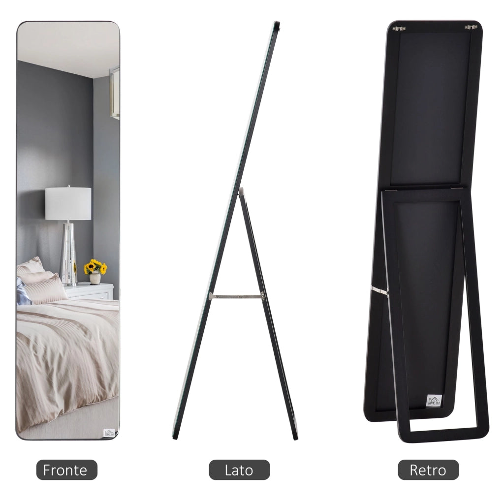 Specchio da Terra e da Parete 37x43x156 cm con Struttura in Legno e Supporto Pieghevole Nero