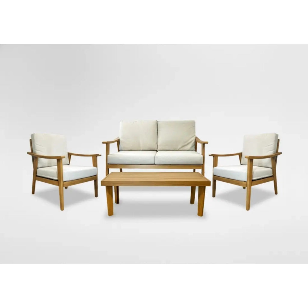 Salotto da giardino ALBORA 4 posti in alluminio effetto legno con cuscini beige e tavolino basso