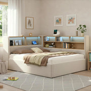 Letto da giorno imbottito 140x190 cm con contenitore idraulico, velluto beige, LED, porte USB e ripiani laterali