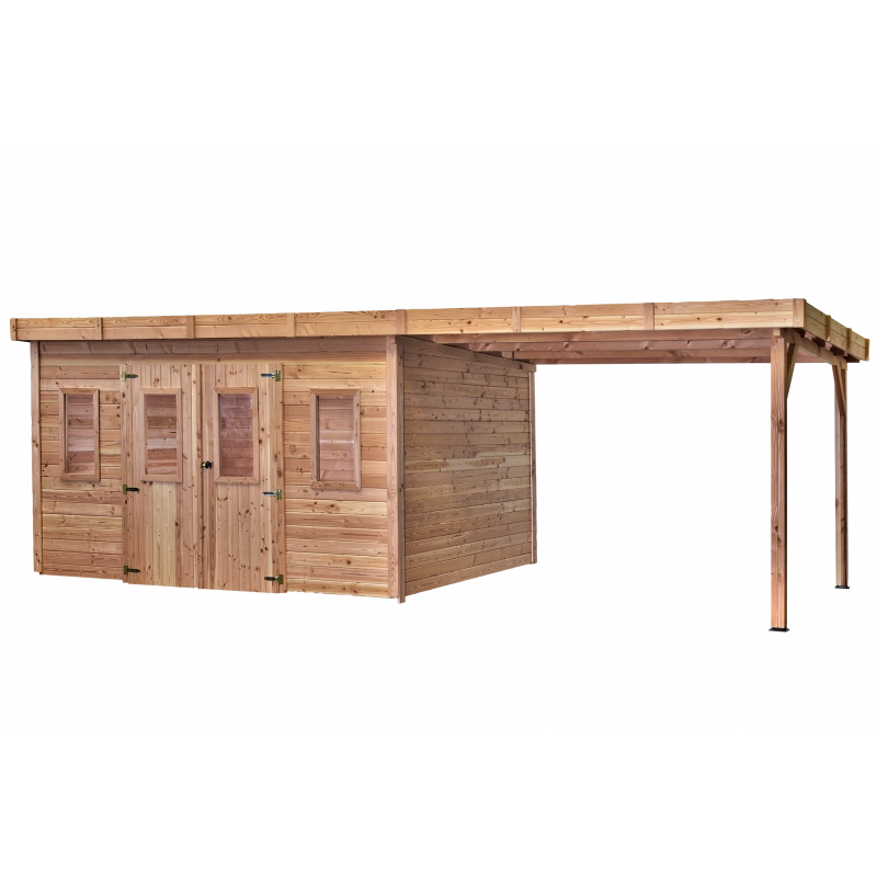 Casetta da giardino in legno 280x680 cm con legnaia – Spessore pareti 28 mm – Tetto piano in acciaio – DIN4030.02B Foresta