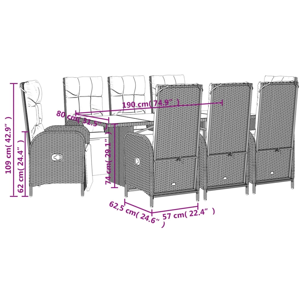 Set da Pranzo da Giardino 9 pz con Cuscini Nero in Polyrattan 3213521