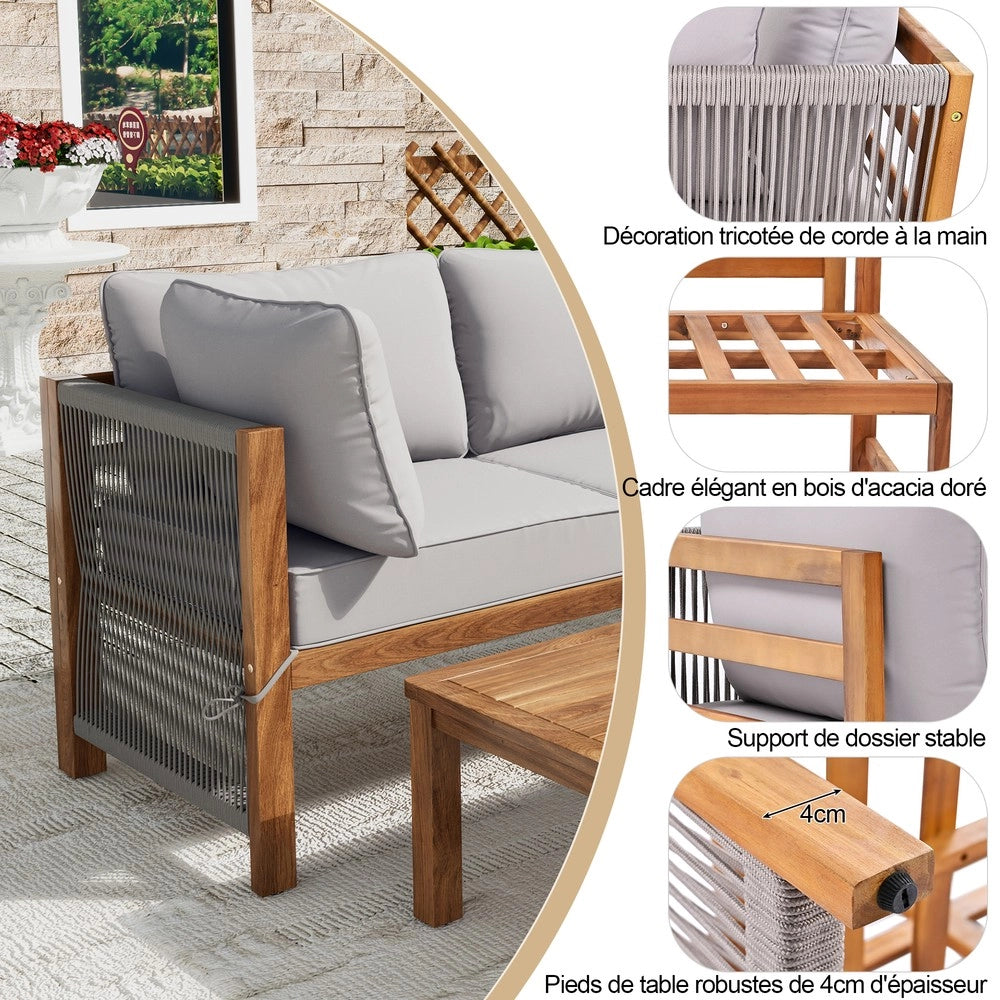 Set da giardino lounge (3 pezzi) - Zephmum- Cornice in acacia, braccioli in corda grigi, gambe regolabili