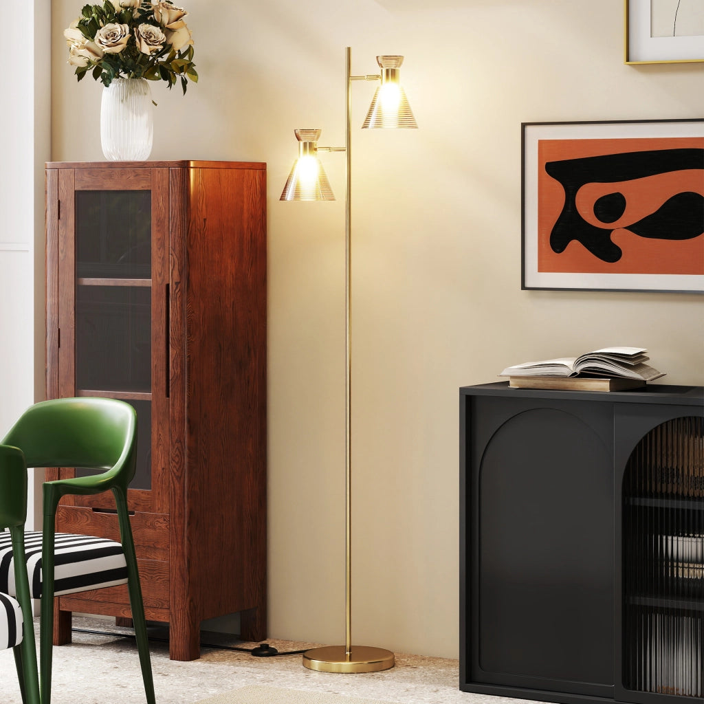 Lampada da Terra Moderna 2 Luci ¨C Xylo ¨C Oro, Teste Regolabili, Interruttore a Pedale