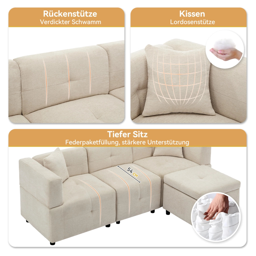 DIVANO MODULARE 3 POSTI 204x126x69 cm Chenille Beige con pouf contenitore e 2 cuscini