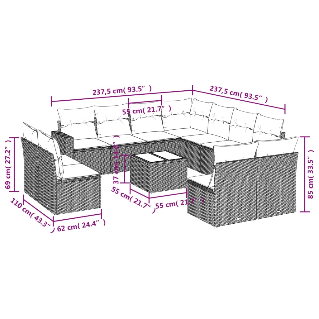 Set Divani da Giardino 12 pz con Cuscini Beige in Polyrattan 3219129