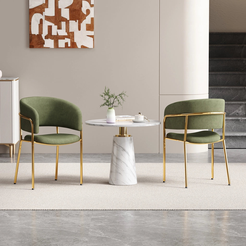 2 Sedie da pranzo moderne in tessuto corduroy verde, gambe in ferro inclinate e piedini regolabili