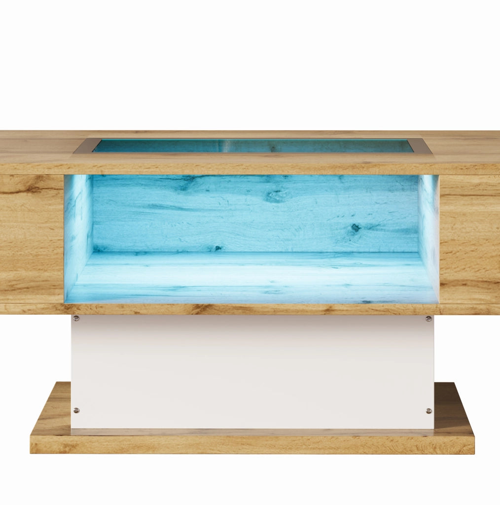 Tavolino da salotto con 2 cassetti; piano in vetro; LED regolabile; effetto naturale