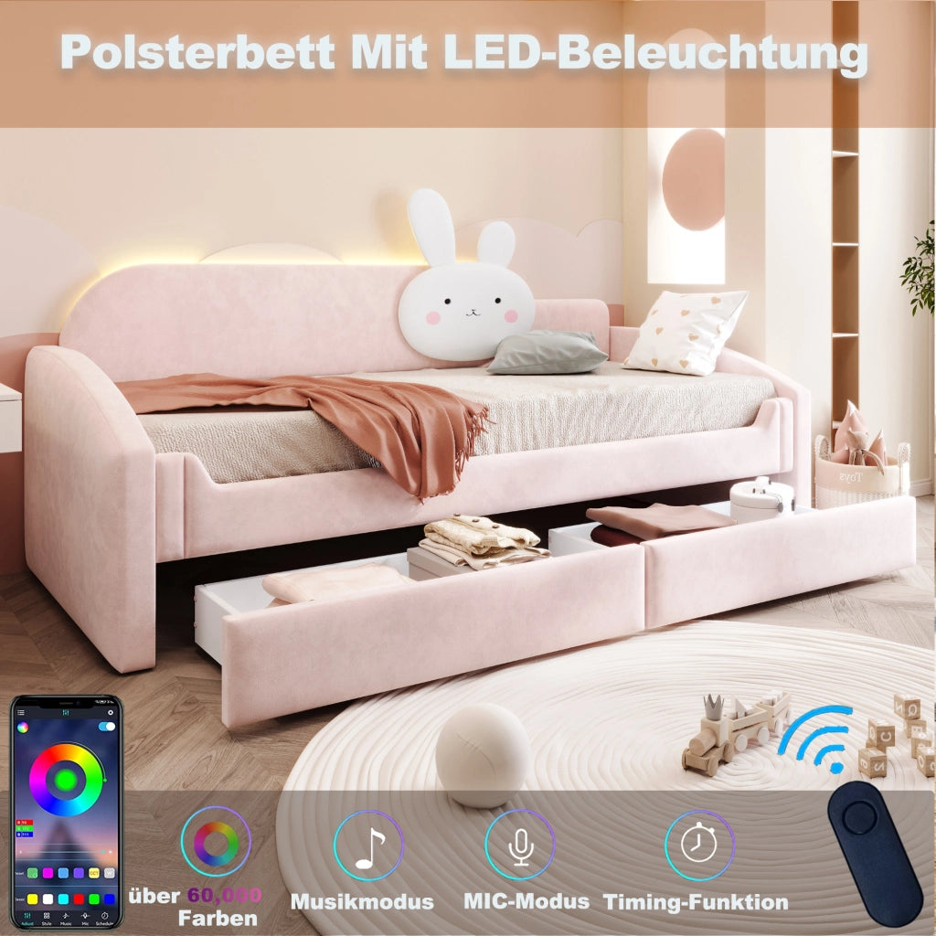 LETTO Sofa per bambini 90x200 cm in velluto rosa con LED