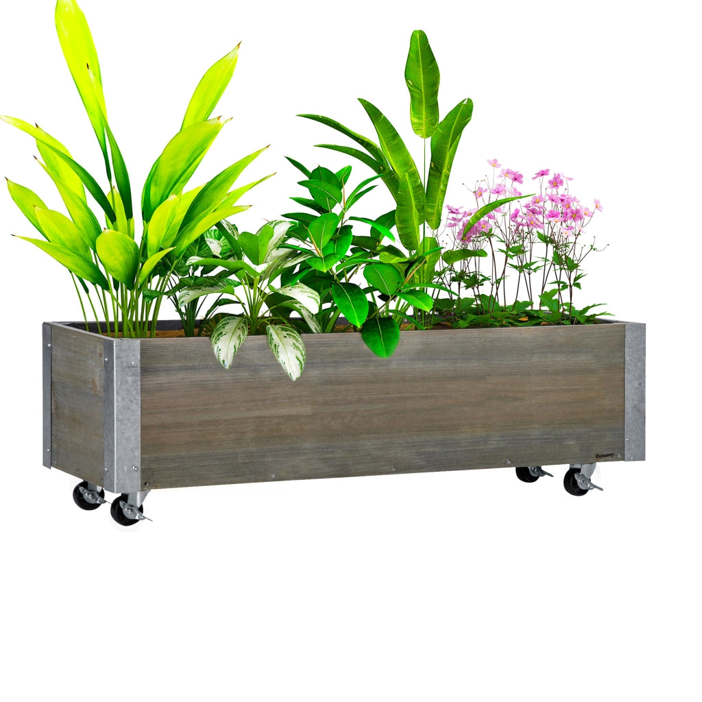 Fioriera con Ruote Rettangolare ¨C Xylo ¨C Metallo Legno Massello Grigio con Sistema Irrigazione