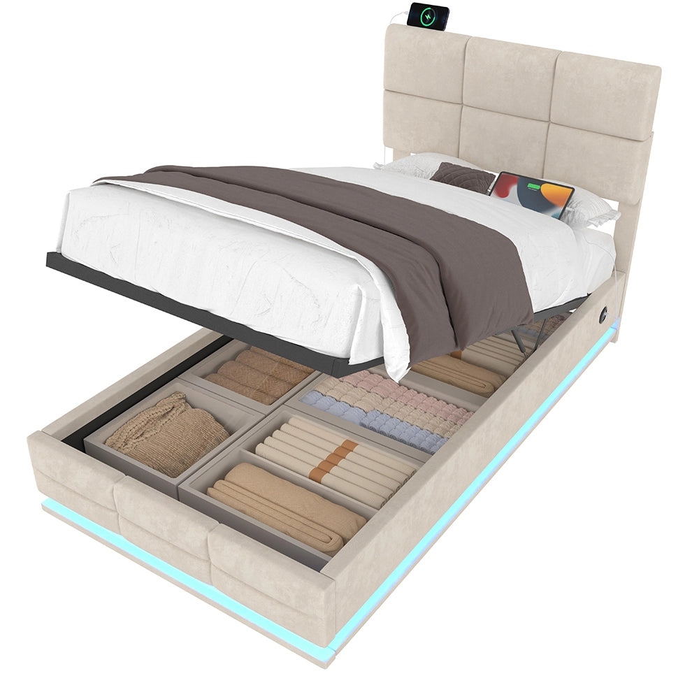 Letto 90x200cm imbottito - Xylo - velluto beige USB idraulico LED