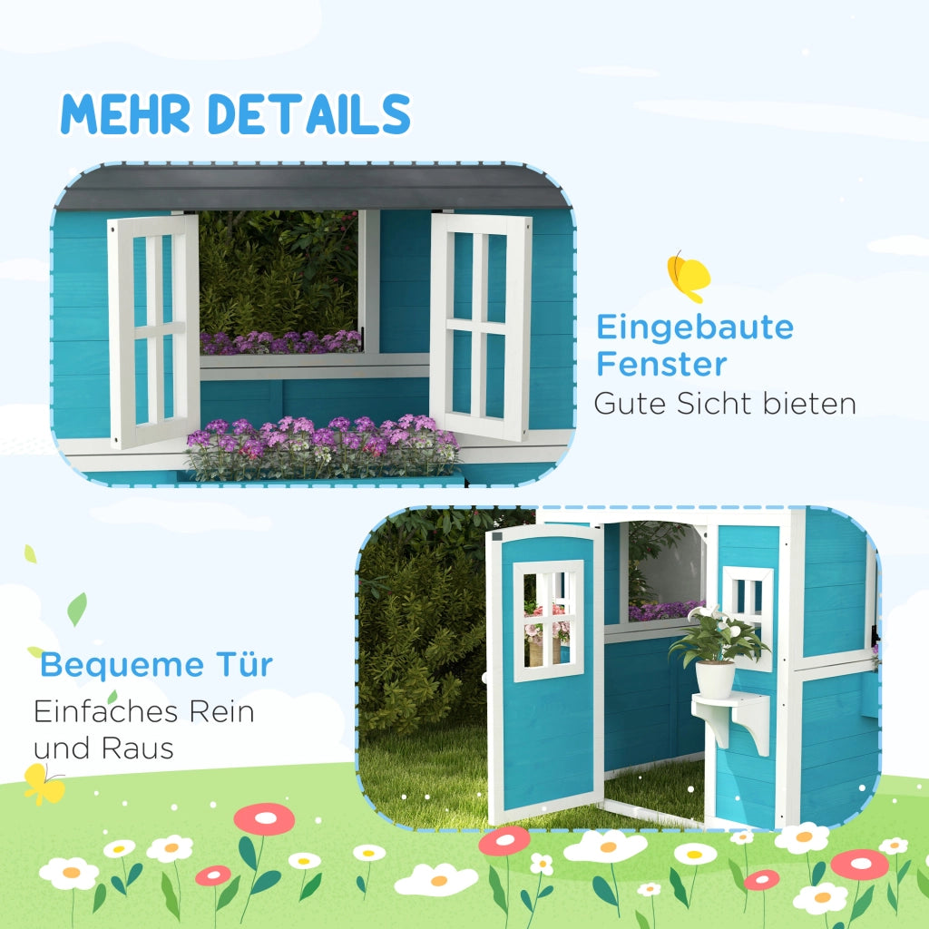 Casetta per bambini in legno ¨C Minimal ¨C Blu, con finestre e vasi