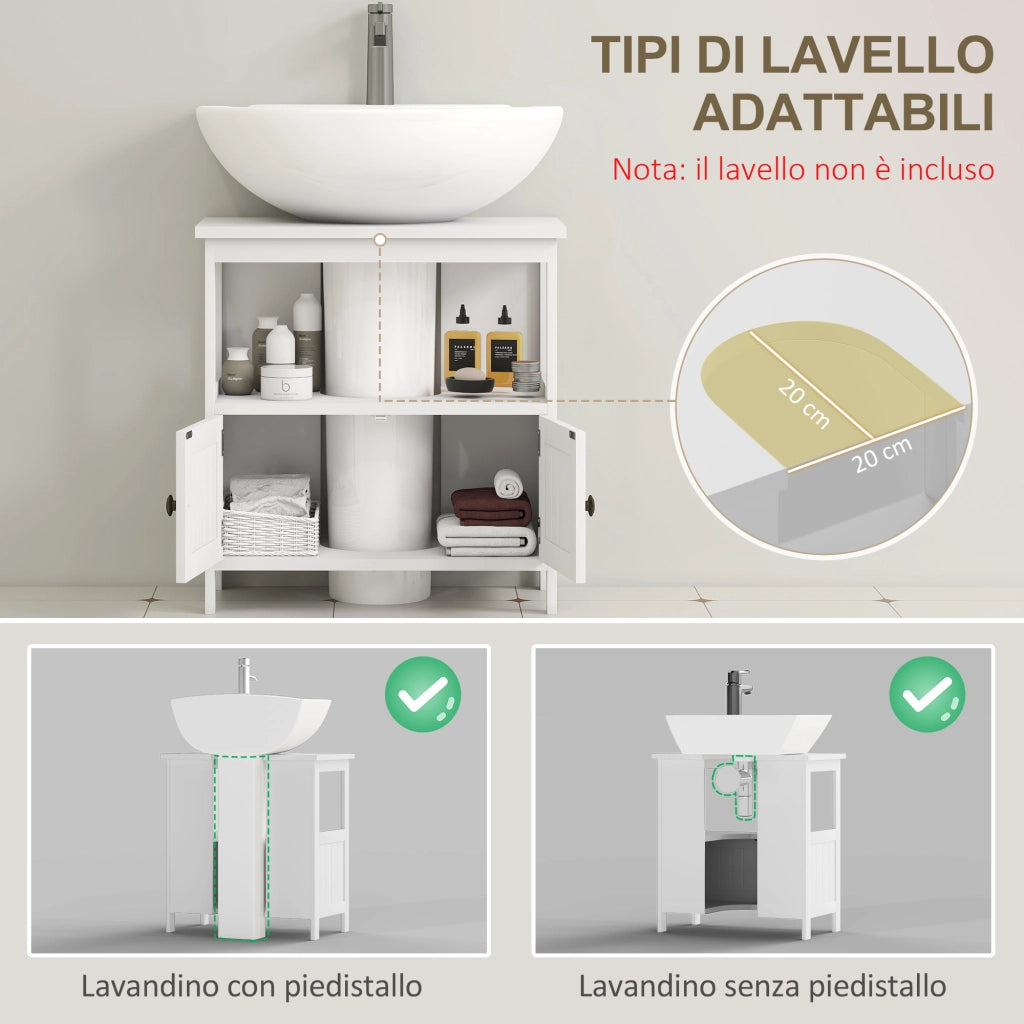 Mobile Sottolavabo con Ripiano e Armadietto, Intaglio e U e 2 Ante, 60x30x60 cm, Bianco
