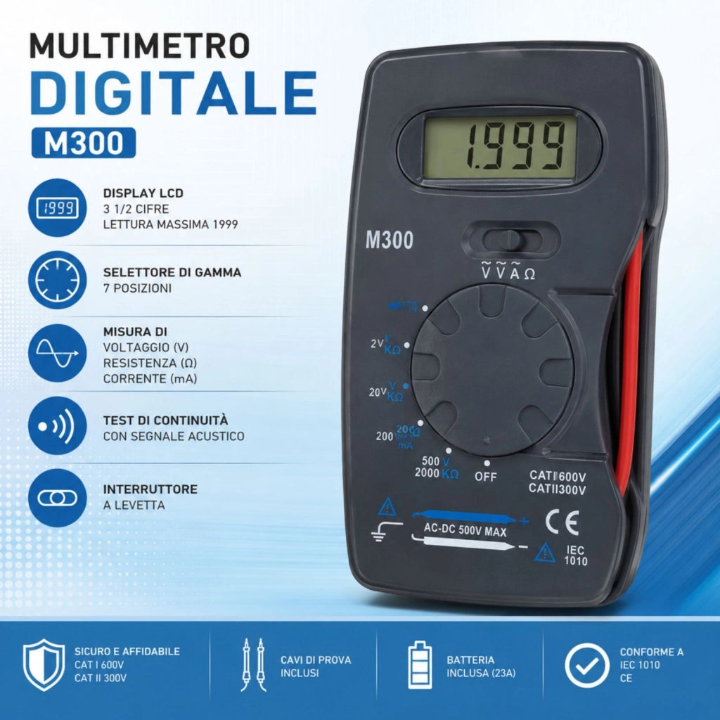 Multimetro Digitale M300, Tester AC/DC 500V con Display LCD