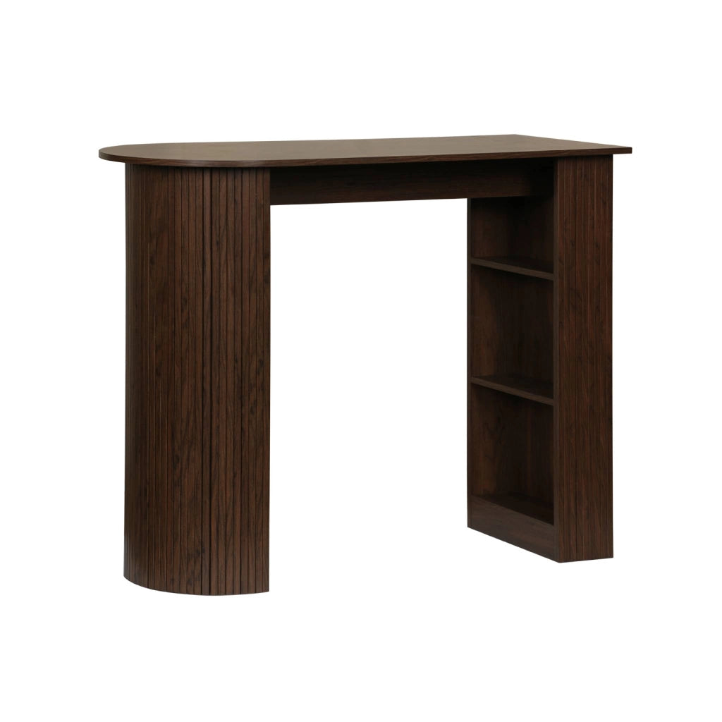 Tavolo alto da cucina decorato in legno con ripostigli, noce