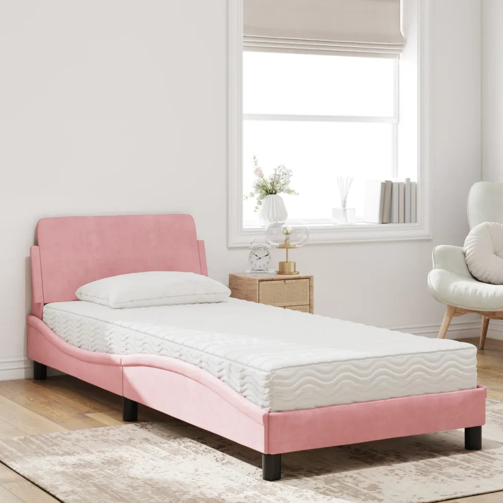 Letto con Materasso-Struttura Letto con Materasso Dover Rosa 90x200 cm in Velluto