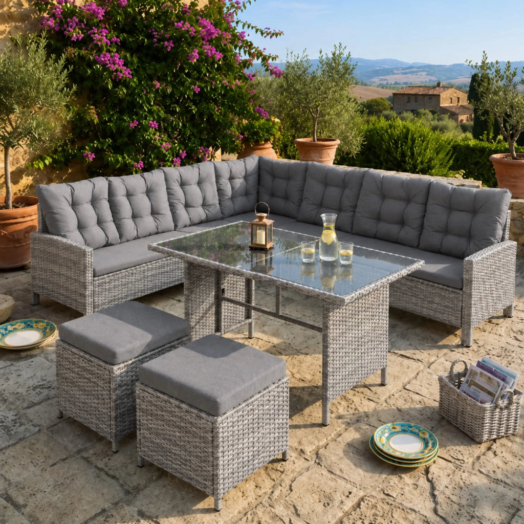 Salotto Da Giardino In Polyrattan Angolare Con Due Pouf Tavolino Con Doppio Ripiano In Vetro E Morbidi Cuscini Arredo Moderno Per Patio Balcone Veranda Piscina E Outdoor Grigio