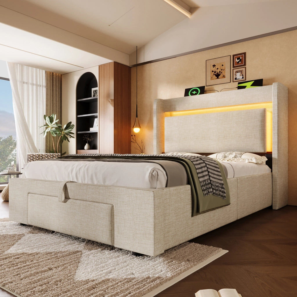 LETTO Contenitore 90x200 cm Beige in Lino con USB, USB-C e LED