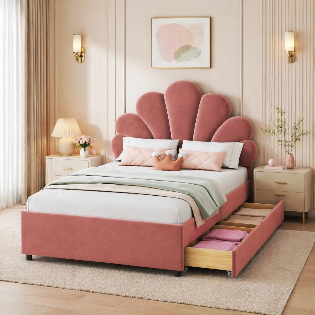 LETTO Imbottito 90x200 cm in velluto Rosa con 2 cassetti
