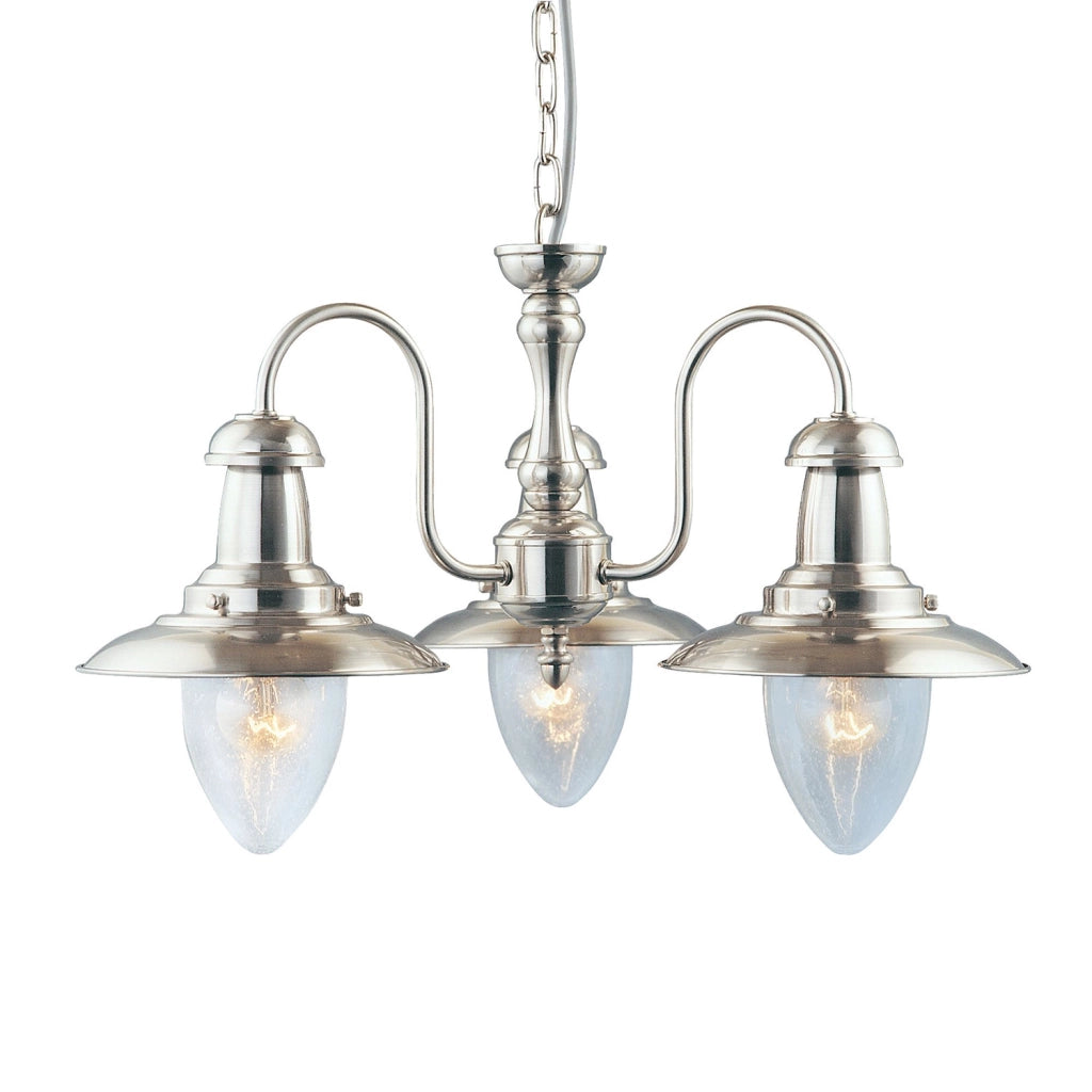Lampadario Classico Fisher Man Acciaio Argento Vetro 3 Luci E27