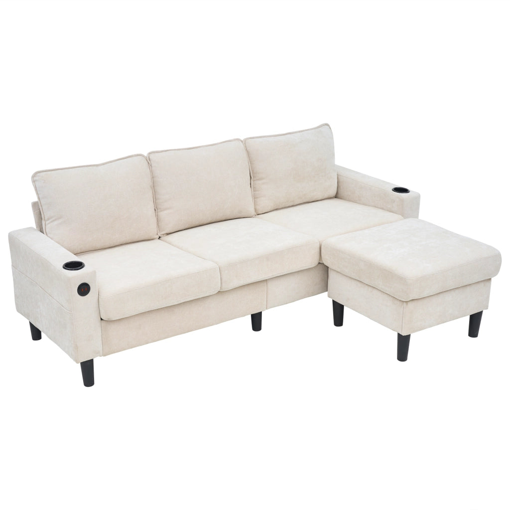 Divano letto imbottito 3 posti - Zephmum- USB e Type-C, porta bevande, forma L, beige