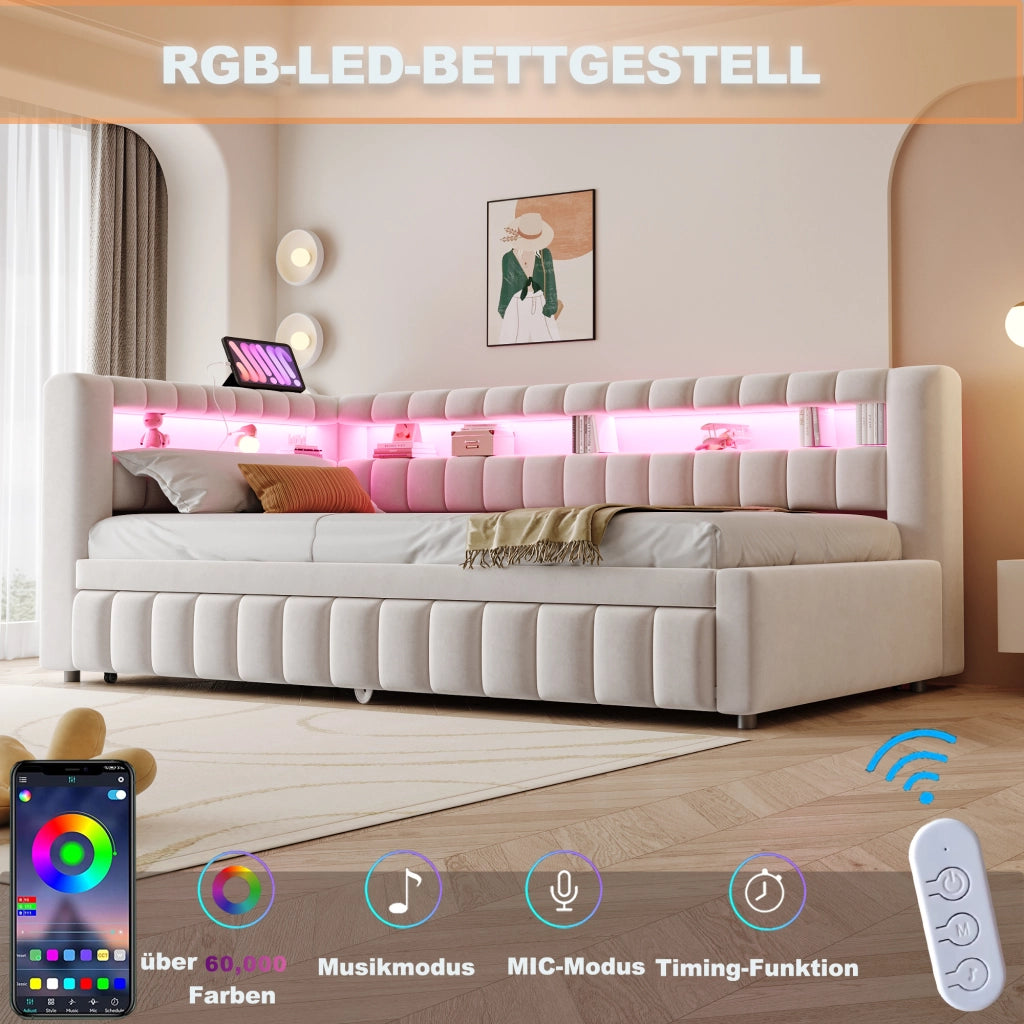 LETTO IMBOTTITO ESTRAIBILE 90x200 cm Velluto Beige con LED e porte USB/Tipo-C