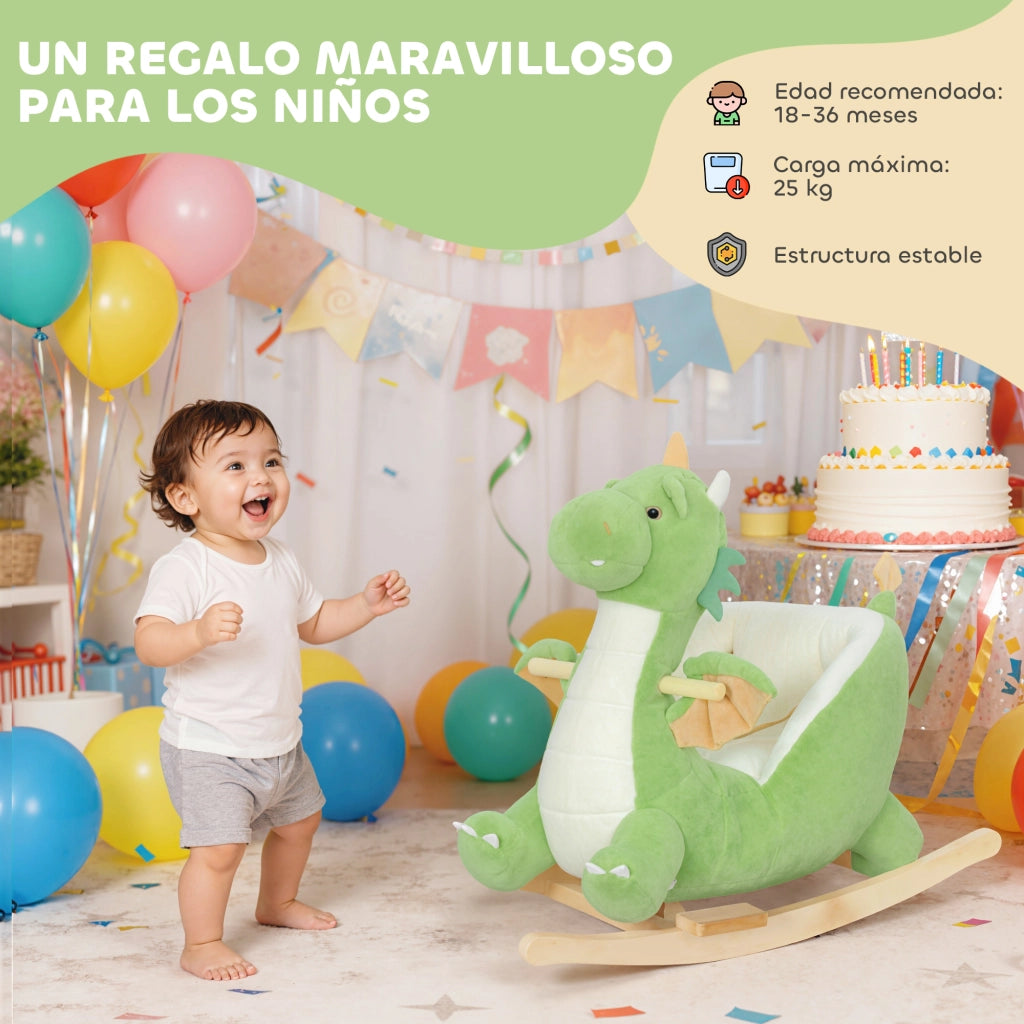 Cavallo a dondolo in peluche ¨C Xylo ¨C base legno con suono, verde, 18-36 mesi